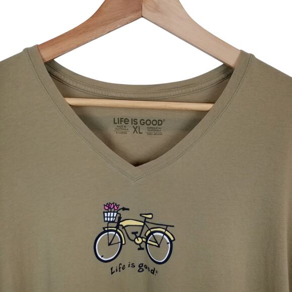 Life Is Good Army Green Bicycle V-Neck Cotton T-Shirt Women's Size XL - Picture 5 of 6